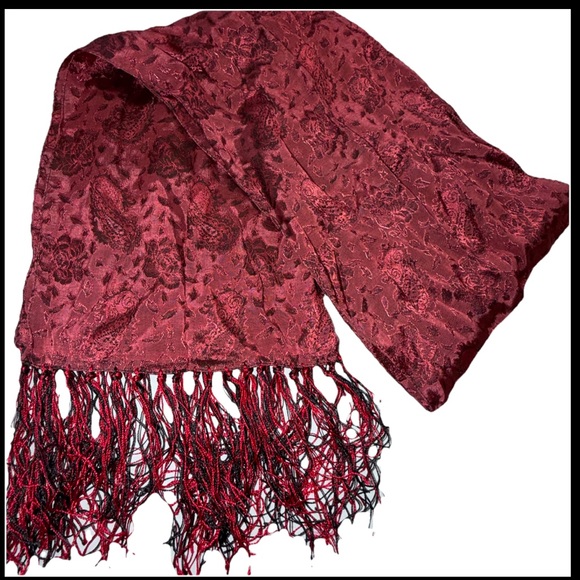 Glentex Accessories - Vintage RED GLENTEX Paisley floral Print Long Scarf Rayon Black Red Long Fringe